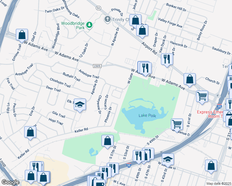 map of restaurants, bars, coffee shops, grocery stores, and more near 3007 Antelope Trail in Temple