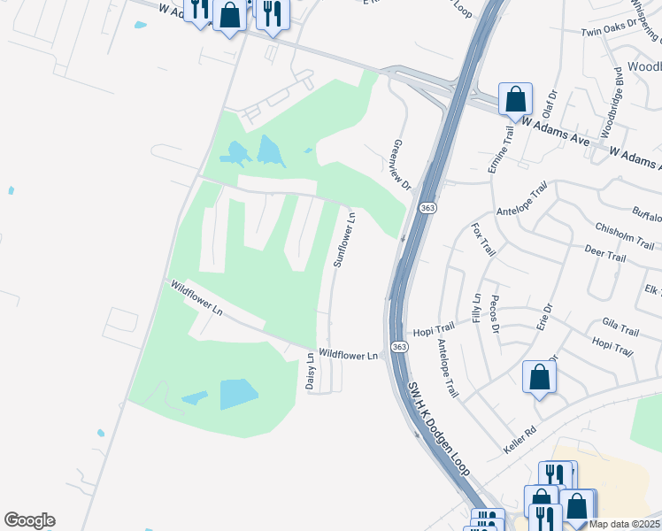 map of restaurants, bars, coffee shops, grocery stores, and more near 4520 Sunflower Lane in Temple