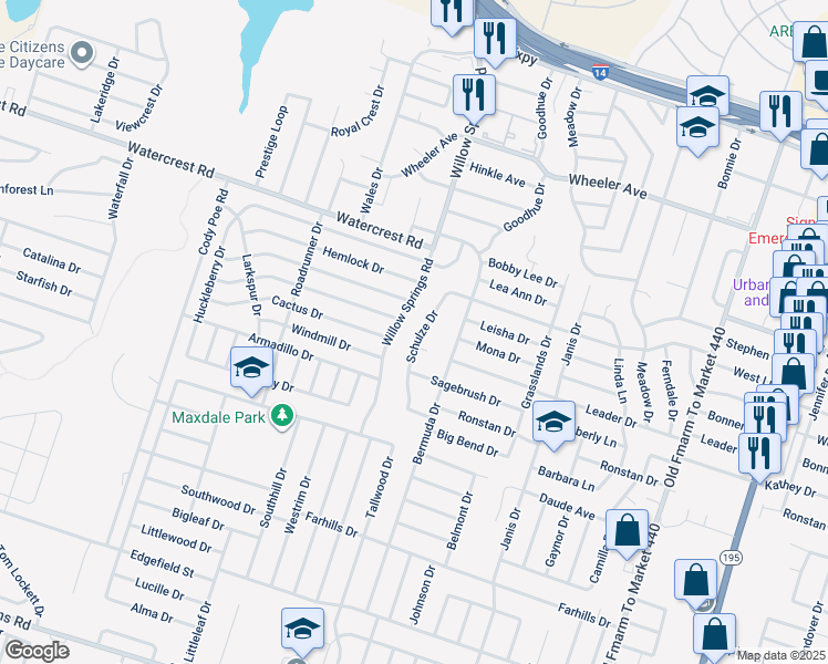 map of restaurants, bars, coffee shops, grocery stores, and more near 2602 Willow Springs Road in Killeen