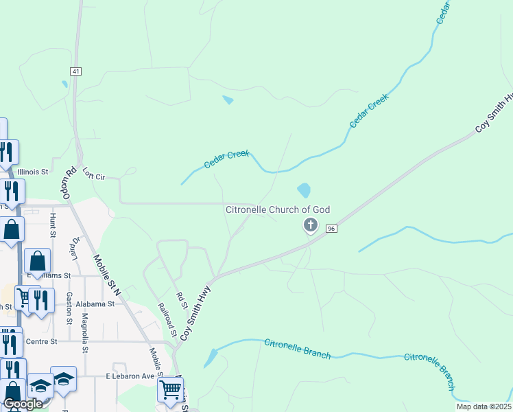 map of restaurants, bars, coffee shops, grocery stores, and more near 36618 School Street in Citronelle