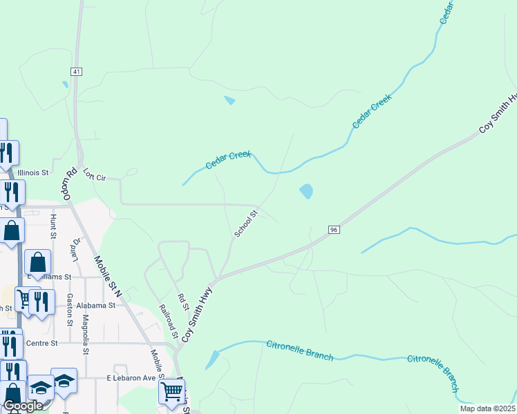 map of restaurants, bars, coffee shops, grocery stores, and more near 36618 School Street in Citronelle