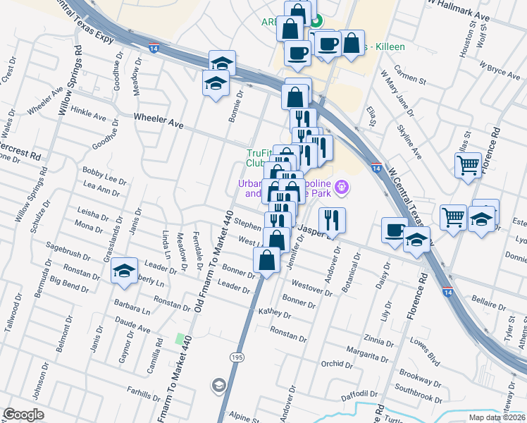 map of restaurants, bars, coffee shops, grocery stores, and more near 1502 Golden Eagle Court in Killeen