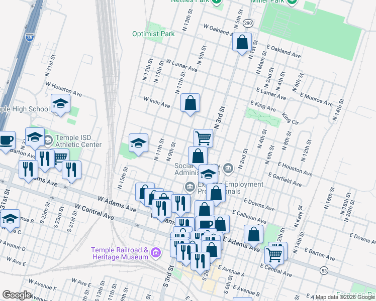 map of restaurants, bars, coffee shops, grocery stores, and more near 611 South 7th Street in Temple