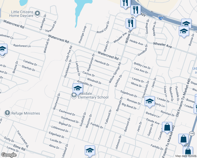 map of restaurants, bars, coffee shops, grocery stores, and more near 2506 Cactus Drive in Killeen