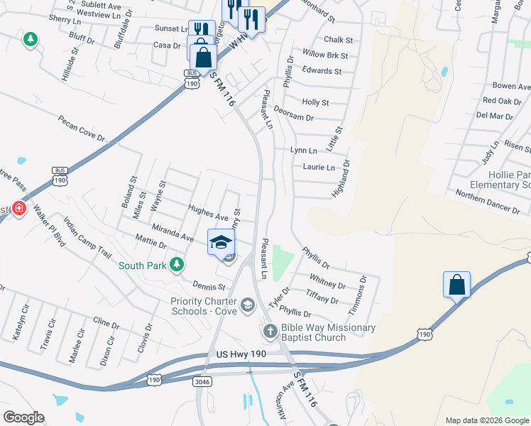 map of restaurants, bars, coffee shops, grocery stores, and more near 1901 Pleasant Lane in Copperas Cove