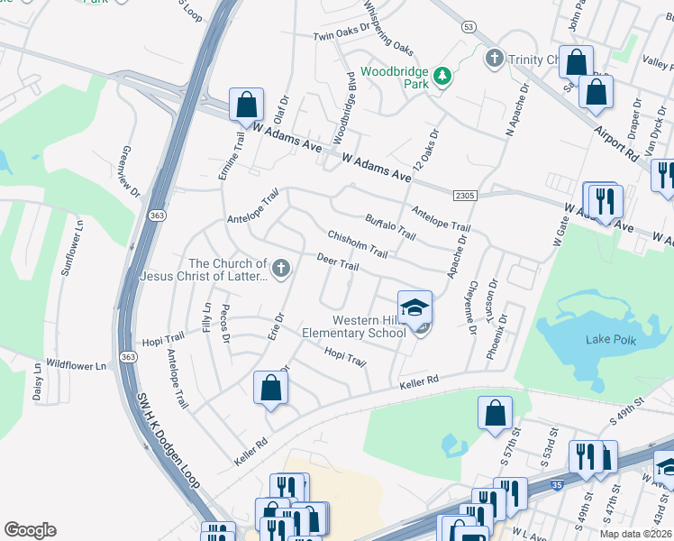 map of restaurants, bars, coffee shops, grocery stores, and more near 401 Dakota Drive in Temple