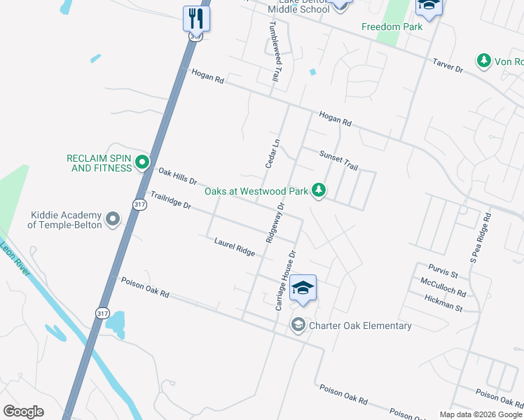 map of restaurants, bars, coffee shops, grocery stores, and more near 8715 Oak Hills Drive in Temple