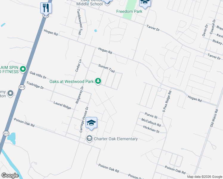 map of restaurants, bars, coffee shops, grocery stores, and more near 1726 Wood Creek Drive in Temple