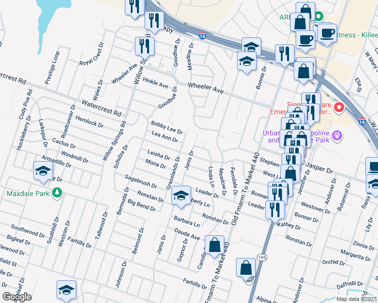 map of restaurants, bars, coffee shops, grocery stores, and more near 1607 West Lane in Killeen
