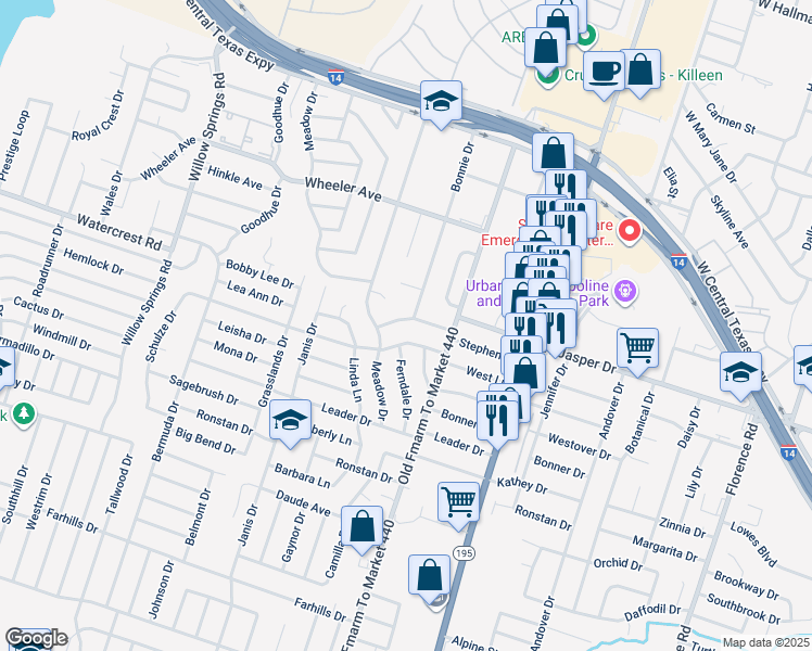 map of restaurants, bars, coffee shops, grocery stores, and more near 1500 Stephen Street in Killeen