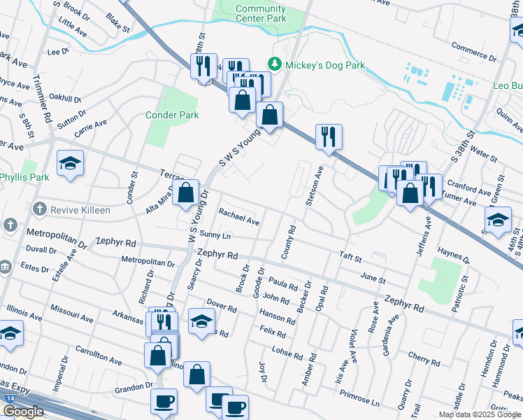 map of restaurants, bars, coffee shops, grocery stores, and more near 1002 Brock Drive in Killeen