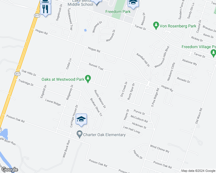 map of restaurants, bars, coffee shops, grocery stores, and more near 1727 Wood Creek Drive in Temple