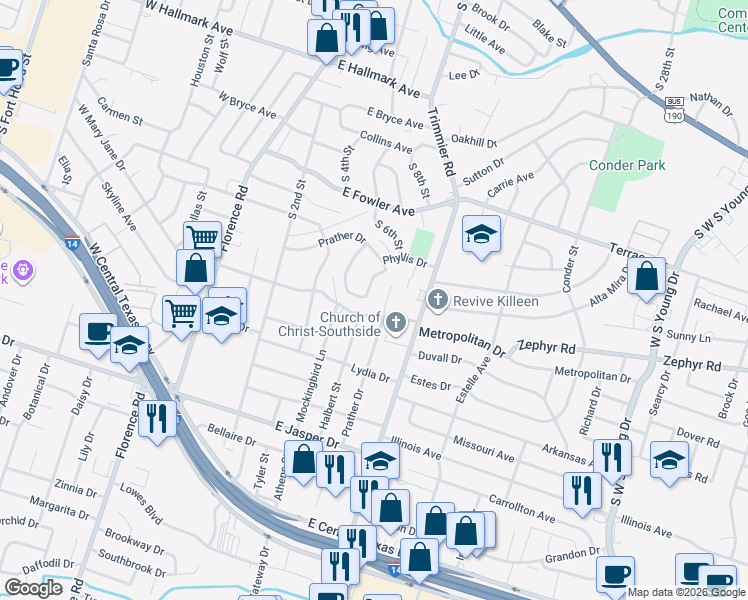 map of restaurants, bars, coffee shops, grocery stores, and more near 300 Crystal Drive in Killeen