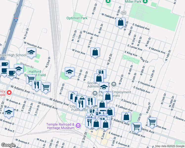 map of restaurants, bars, coffee shops, grocery stores, and more near 611 South 7th Street in Temple