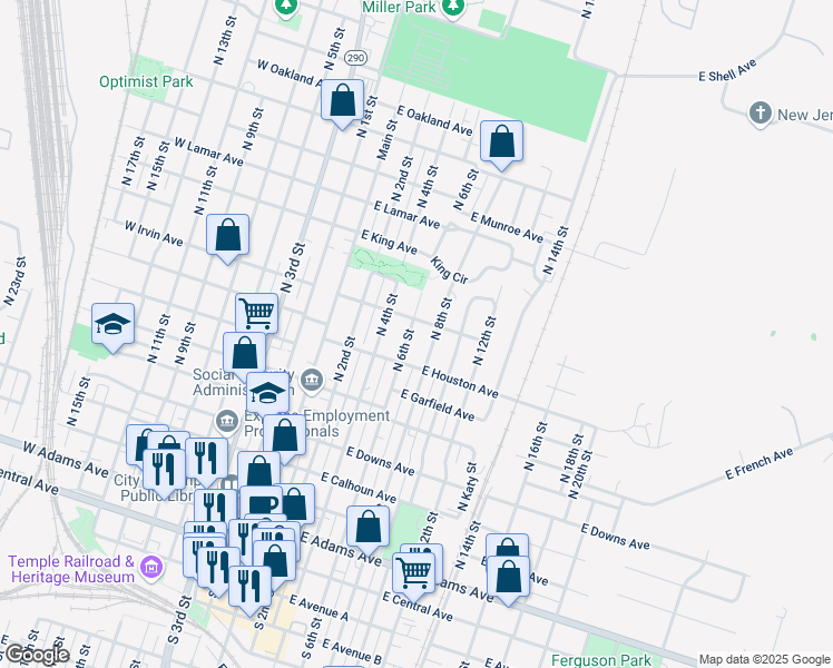 map of restaurants, bars, coffee shops, grocery stores, and more near 813 North 6th Street in Temple