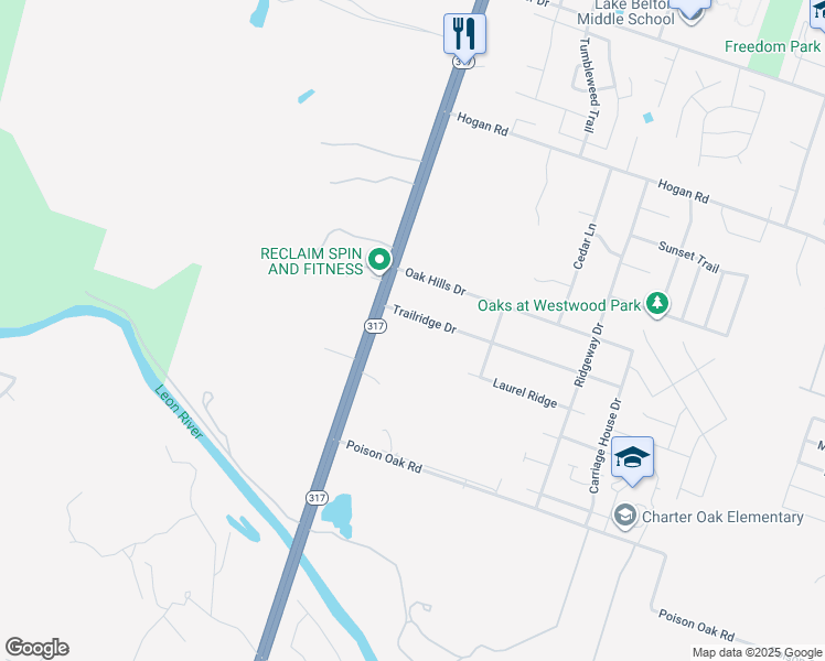 map of restaurants, bars, coffee shops, grocery stores, and more near 9219 Trailridge Drive in Temple