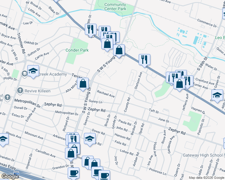 map of restaurants, bars, coffee shops, grocery stores, and more near 1002 Brock Drive in Killeen