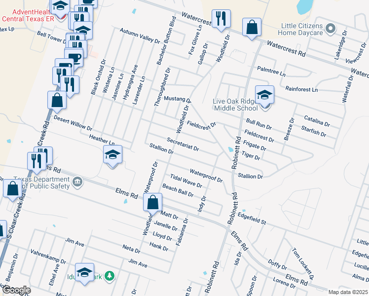 map of restaurants, bars, coffee shops, grocery stores, and more near 4408 Secretariat Drive in Killeen
