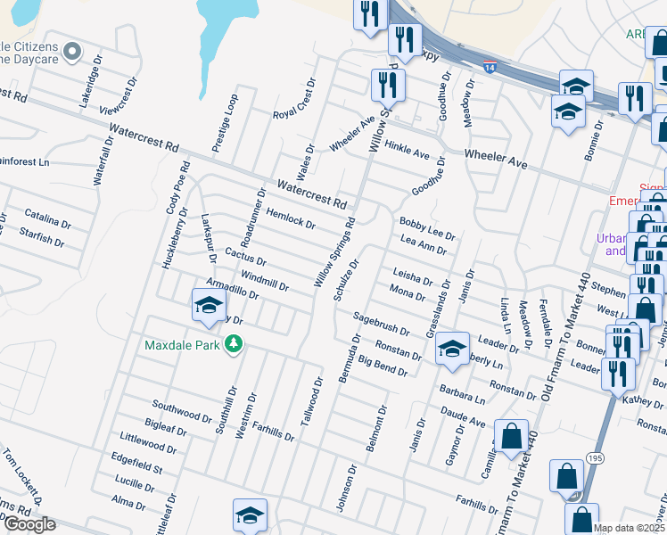 map of restaurants, bars, coffee shops, grocery stores, and more near 2602 Willow Springs Road in Killeen