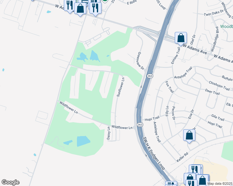 map of restaurants, bars, coffee shops, grocery stores, and more near 4520 Sunflower Lane in Temple