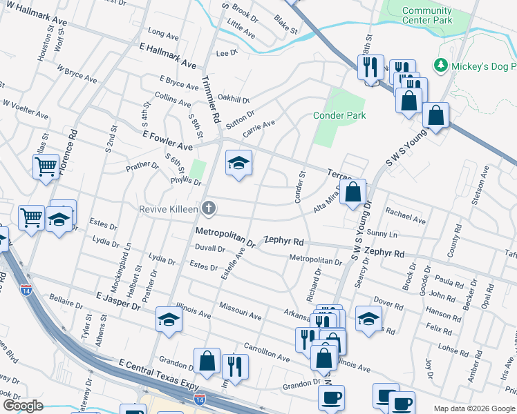 map of restaurants, bars, coffee shops, grocery stores, and more near 1304 Redondo Drive in Killeen