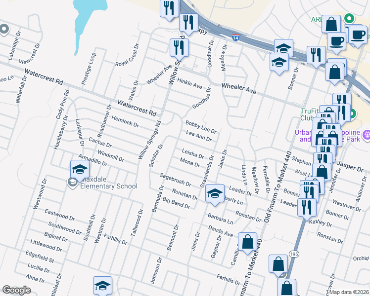 map of restaurants, bars, coffee shops, grocery stores, and more near 1713 Leisha Drive in Killeen