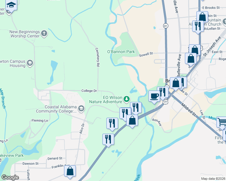 map of restaurants, bars, coffee shops, grocery stores, and more near 102 College Drive in Brewton
