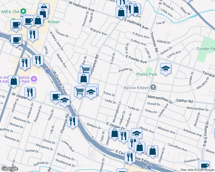 map of restaurants, bars, coffee shops, grocery stores, and more near 602 East Mary Jane Drive in Killeen