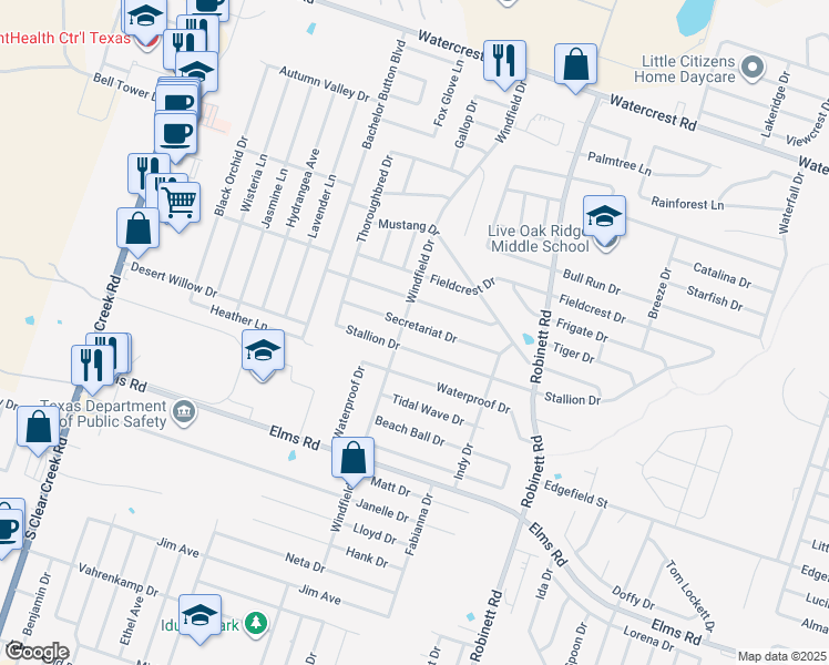 map of restaurants, bars, coffee shops, grocery stores, and more near 4408 Secretariat Drive in Killeen