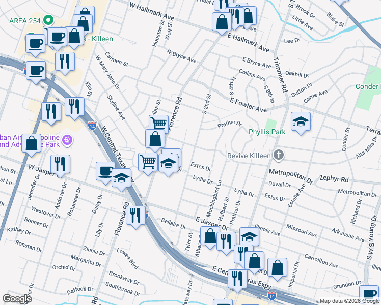 map of restaurants, bars, coffee shops, grocery stores, and more near 602 East Mary Jane Drive in Killeen