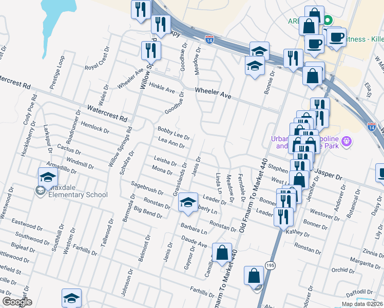 map of restaurants, bars, coffee shops, grocery stores, and more near 2416 Grasslands Drive in Killeen