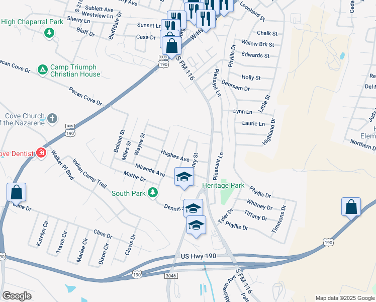 map of restaurants, bars, coffee shops, grocery stores, and more near 1908 Patricia Street in Copperas Cove