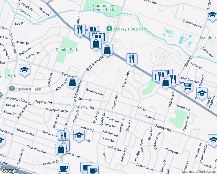 map of restaurants, bars, coffee shops, grocery stores, and more near 1002 Brock Drive in Killeen