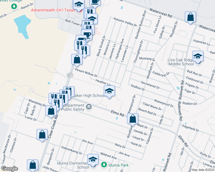 map of restaurants, bars, coffee shops, grocery stores, and more near 4904 Heather Lane in Killeen