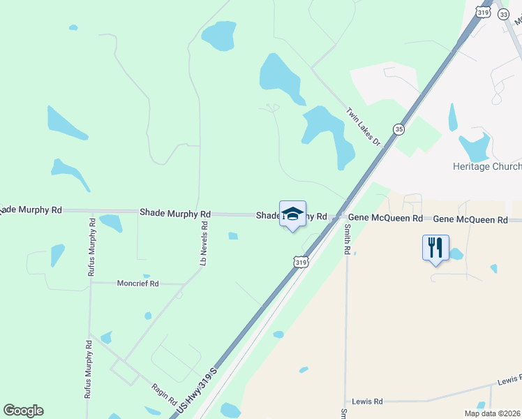 map of restaurants, bars, coffee shops, grocery stores, and more near 238 Shade Murphy Road in Moultrie