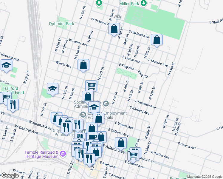 map of restaurants, bars, coffee shops, grocery stores, and more near 803 North Main Street in Temple