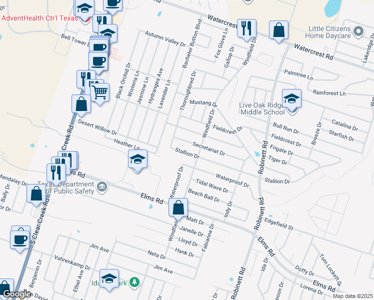map of restaurants, bars, coffee shops, grocery stores, and more near 4509 Stallion Drive in Killeen