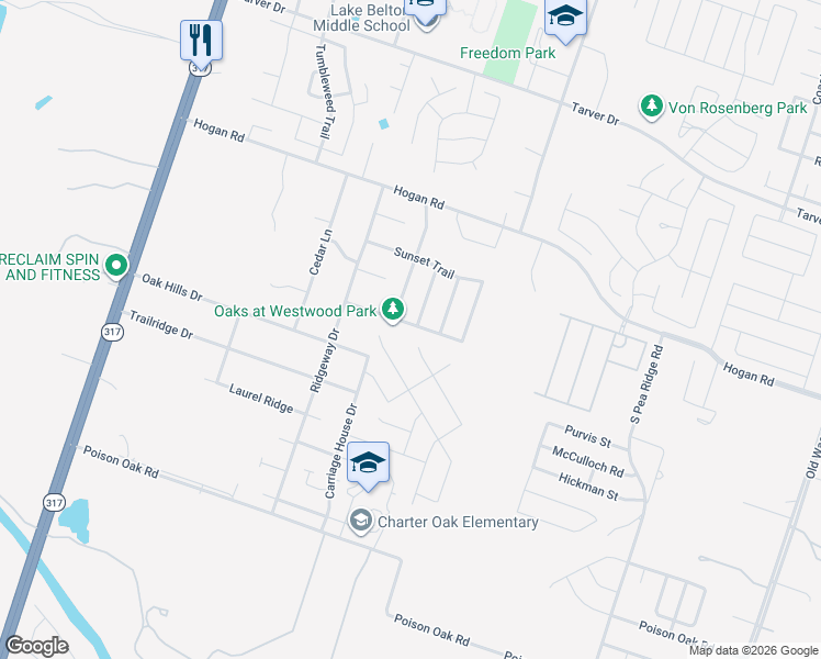 map of restaurants, bars, coffee shops, grocery stores, and more near 8403 Skyview in Temple