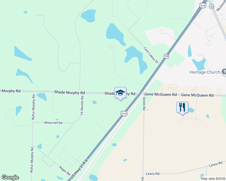 map of restaurants, bars, coffee shops, grocery stores, and more near 238 Shade Murphy Road in Moultrie
