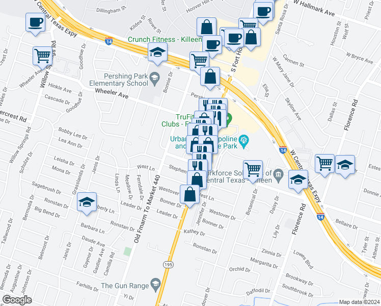 map of restaurants, bars, coffee shops, grocery stores, and more near 1502 Golden Eagle Court in Killeen