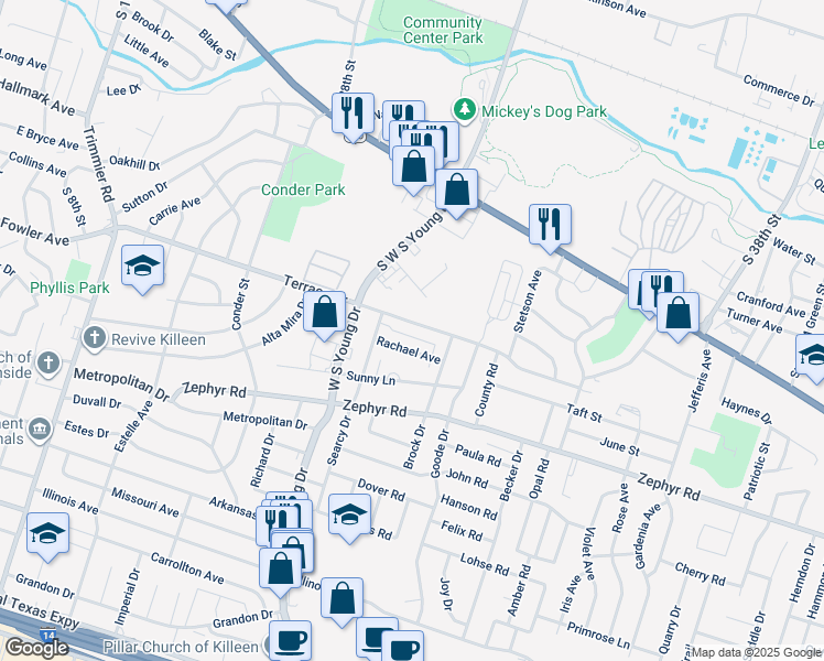 map of restaurants, bars, coffee shops, grocery stores, and more near 2312 Terrace Drive in Killeen