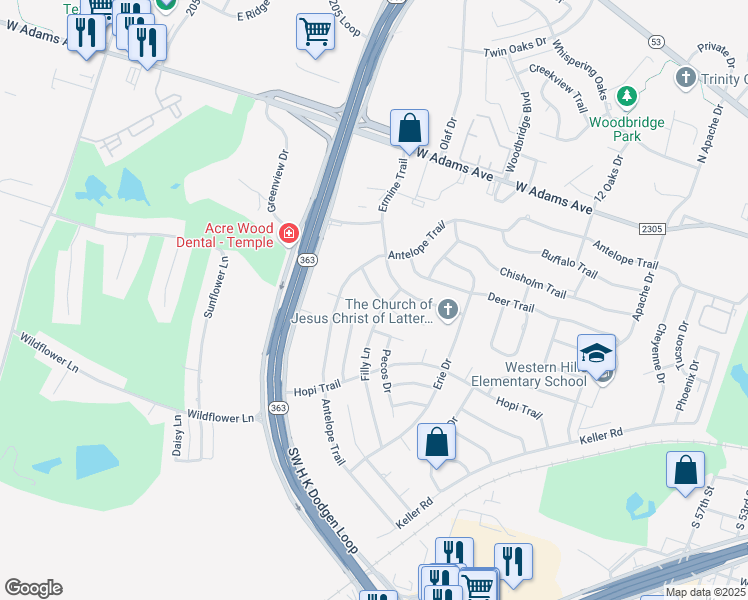 map of restaurants, bars, coffee shops, grocery stores, and more near 4205 Fox Trail in Temple