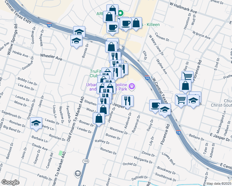 map of restaurants, bars, coffee shops, grocery stores, and more near 2103 Jennifer Drive in Killeen