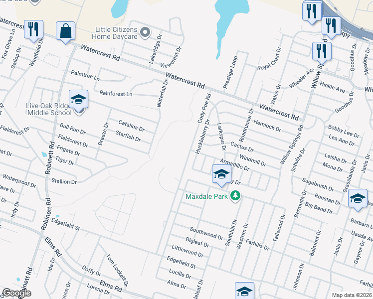 map of restaurants, bars, coffee shops, grocery stores, and more near 2605 Cody Poe Road in Killeen