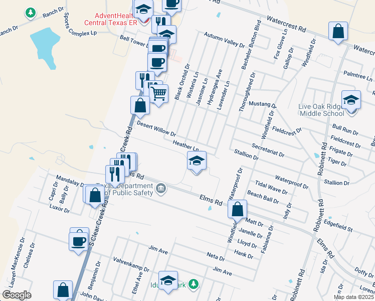 map of restaurants, bars, coffee shops, grocery stores, and more near 4904 Heather Lane in Killeen