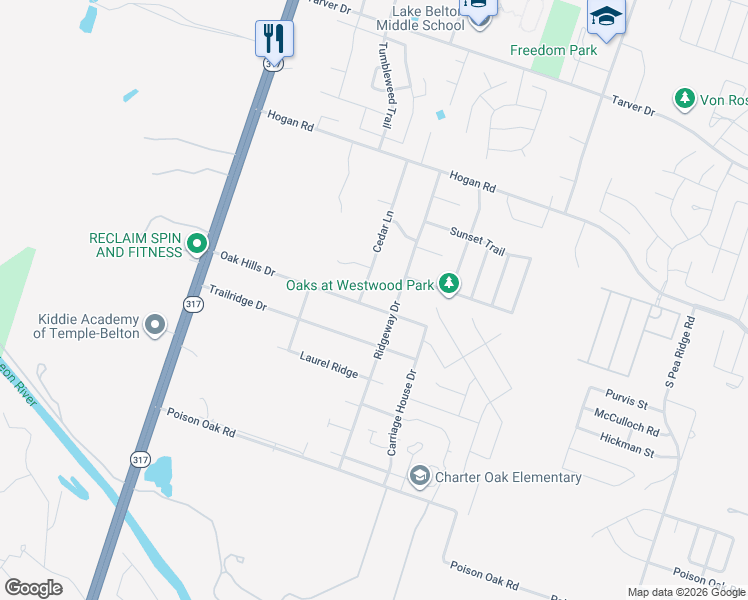 map of restaurants, bars, coffee shops, grocery stores, and more near 8715 Oak Hills Drive in Temple