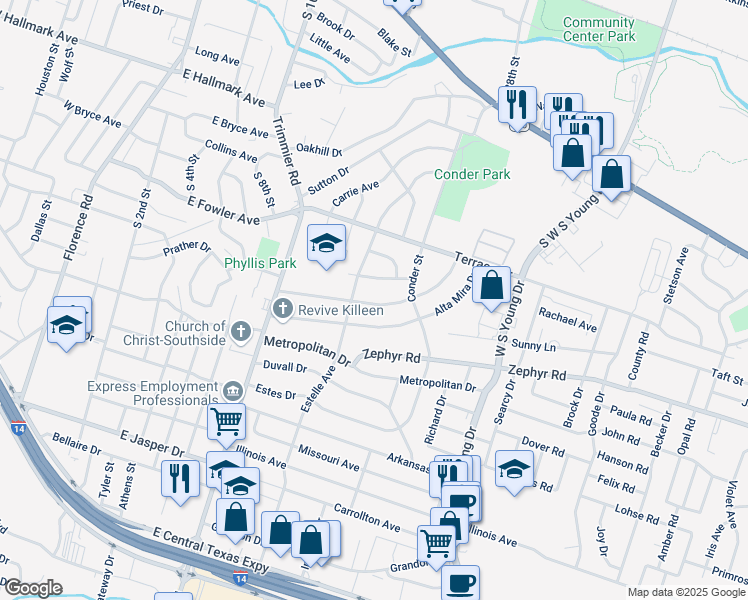 map of restaurants, bars, coffee shops, grocery stores, and more near 1309 Redondo Drive in Killeen