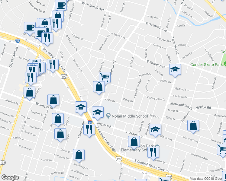 map of restaurants, bars, coffee shops, grocery stores, and more near 1609 Van Zanten Drive in Killeen