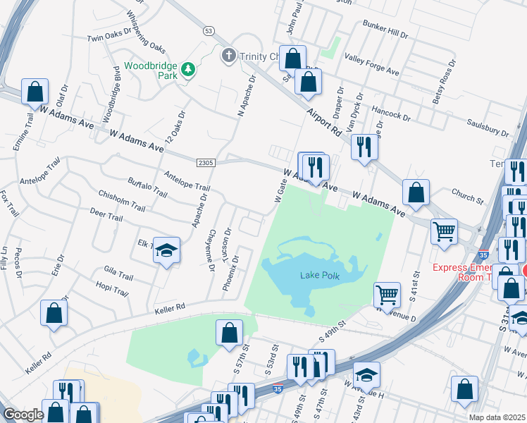 map of restaurants, bars, coffee shops, grocery stores, and more near 908 East Avenue B in Temple
