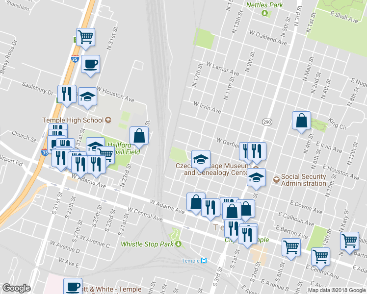 map of restaurants, bars, coffee shops, grocery stores, and more near 803 West French Avenue in Temple